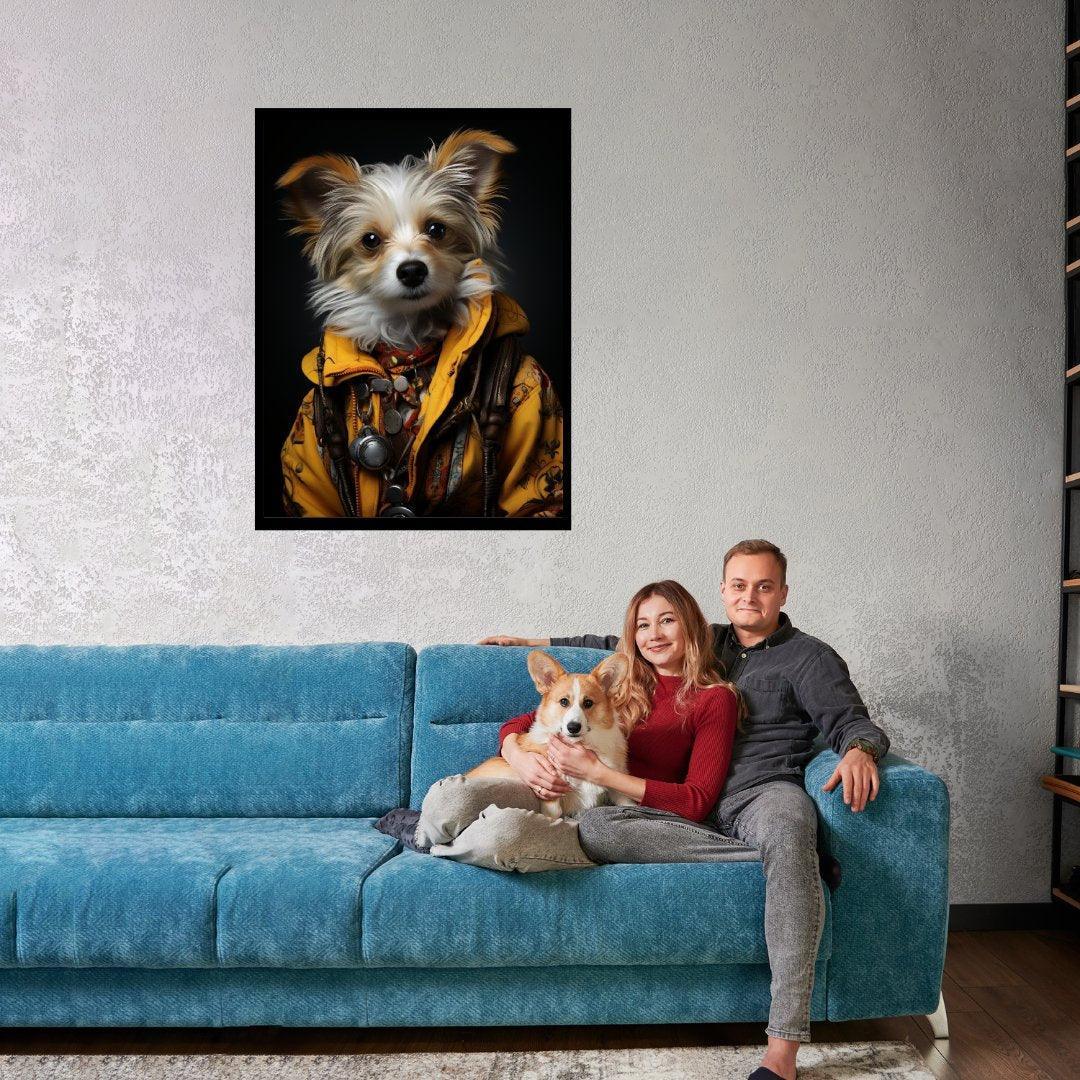 Der neugierige Hund im gelben Jackett ein Bild aus der collections Tierbilder als Poster