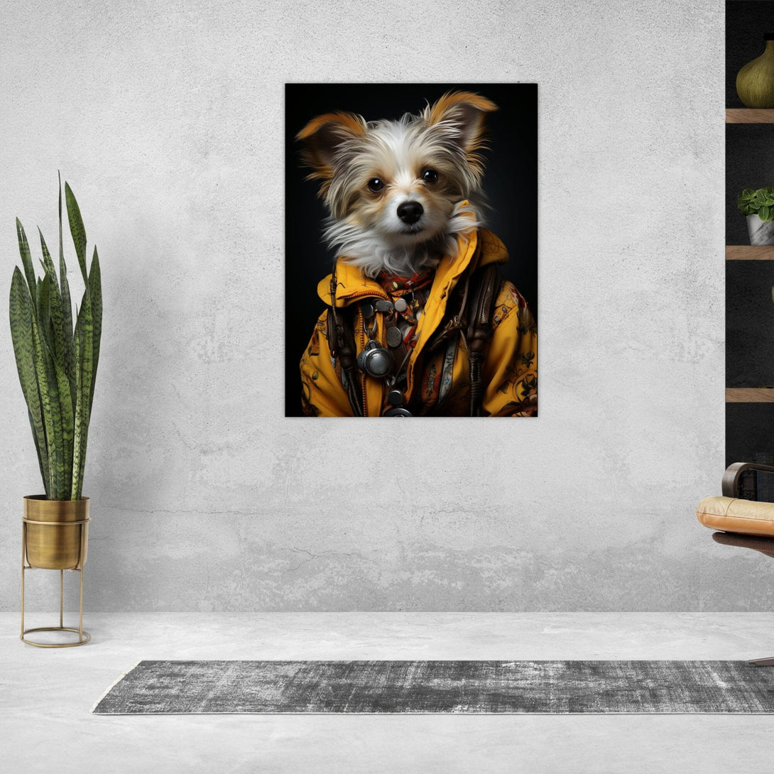 Der neugierige Hund im gelben Jackett ein Bild aus der collections Tierbilder als Poster im Wohnzimmer