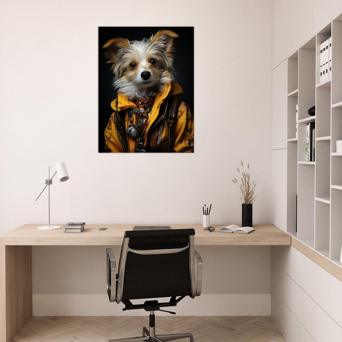 Der neugierige Hund im gelben Jackett ein Bild aus der collections Tierbilder als Poster mit Rahmen